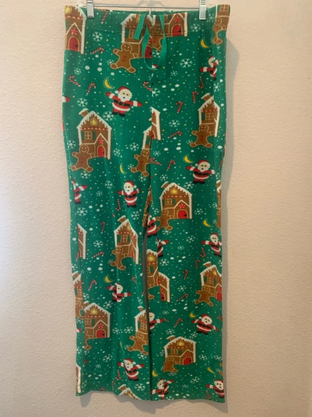 Green Holiday Pajama. 2 Pants with Santa & Gingerbread Print NWOT  1 Lg / 1 Med.